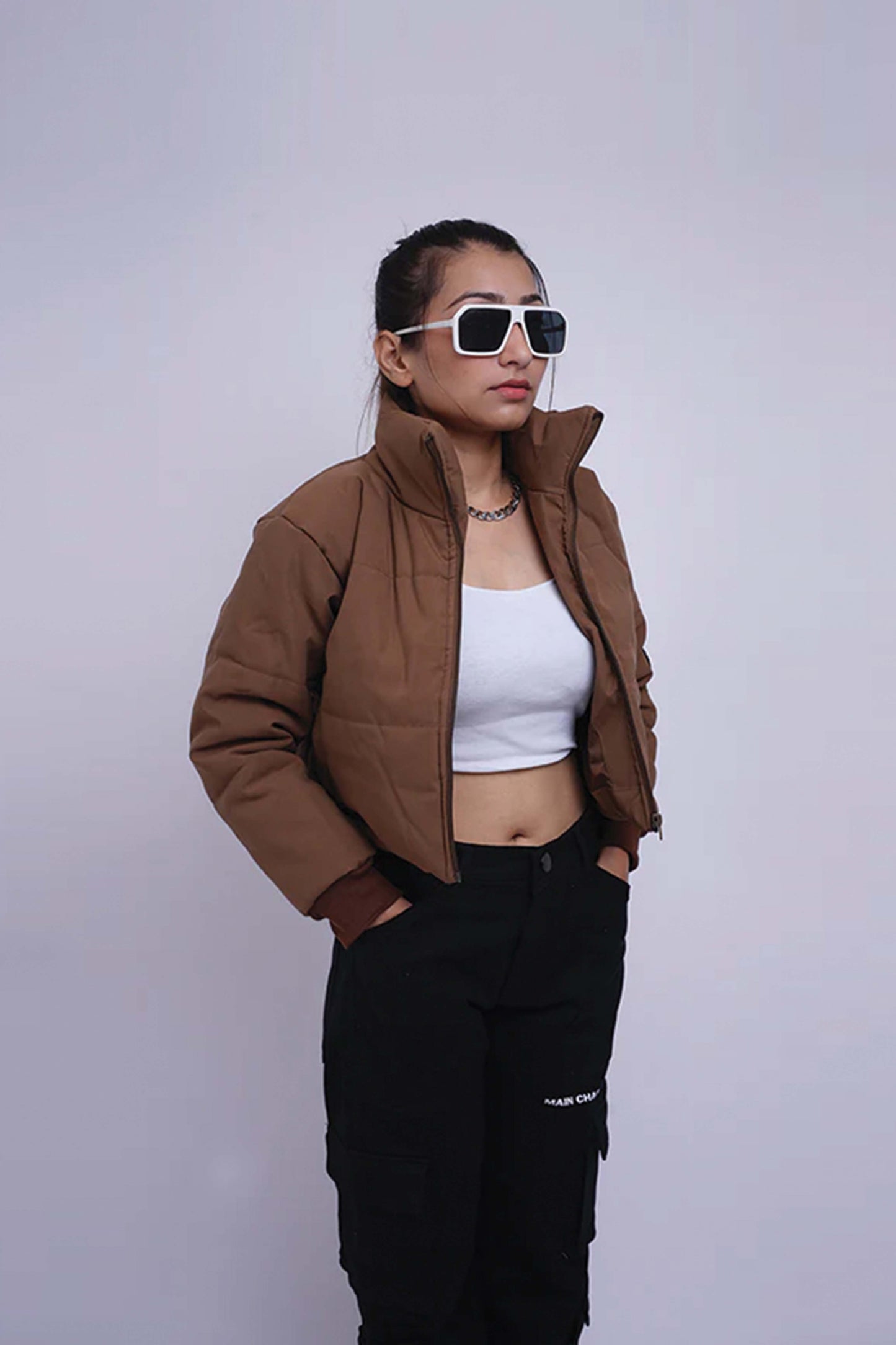 Heavy Padded Brown Cropped Puffer Jacket