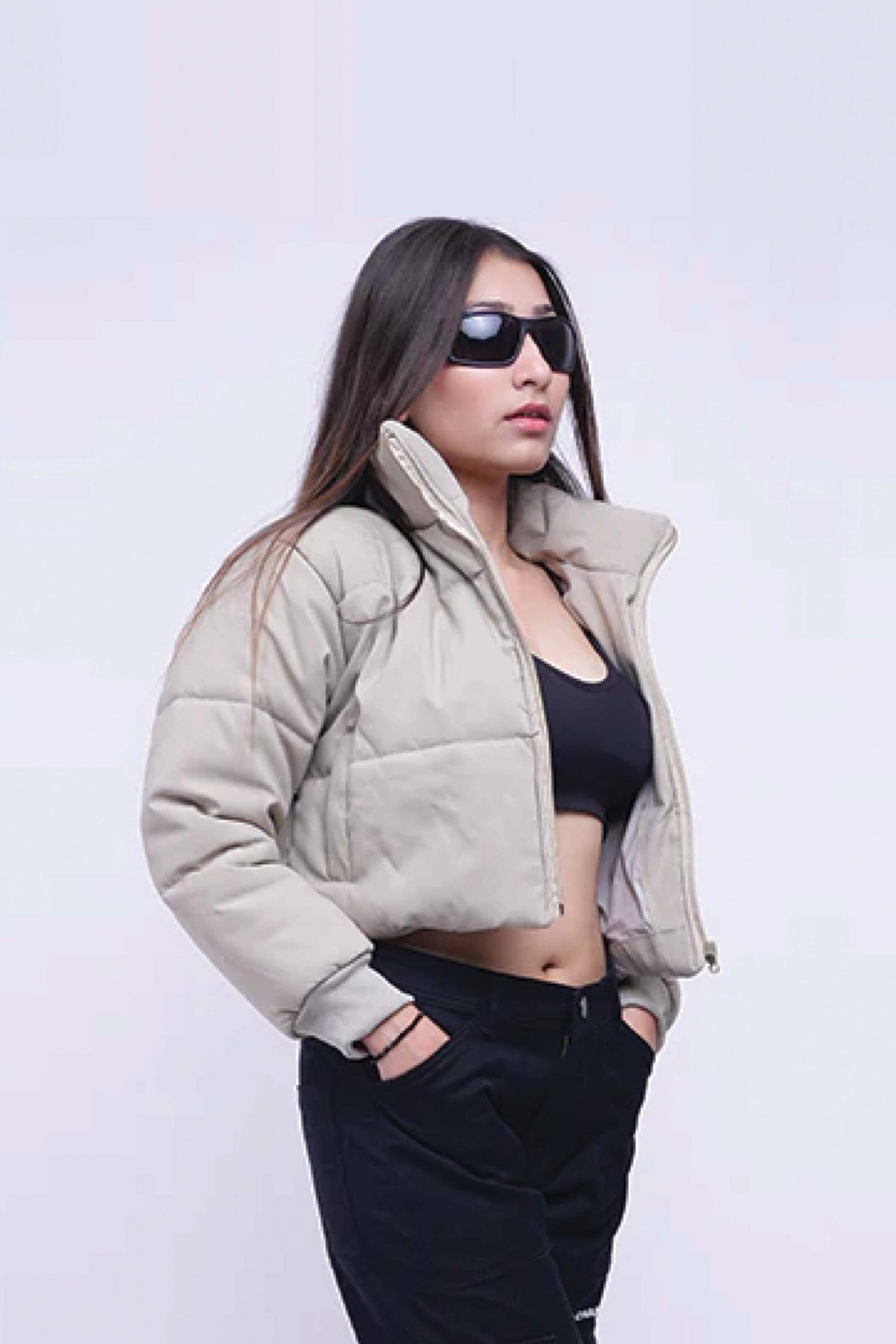Heavy Padded Cream Cropped Puffer Jacket XS - Main Image