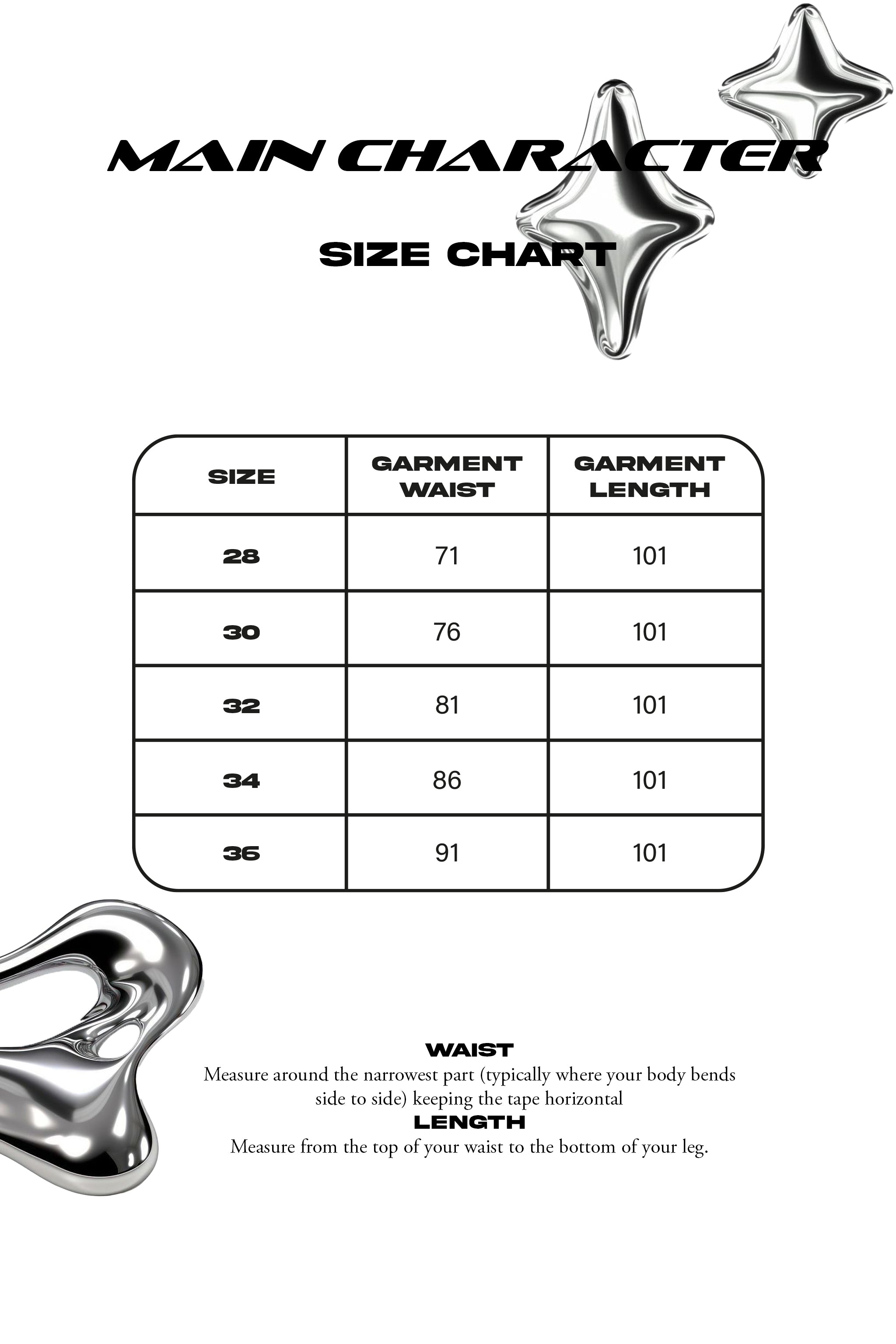 Size chart in centimeters
