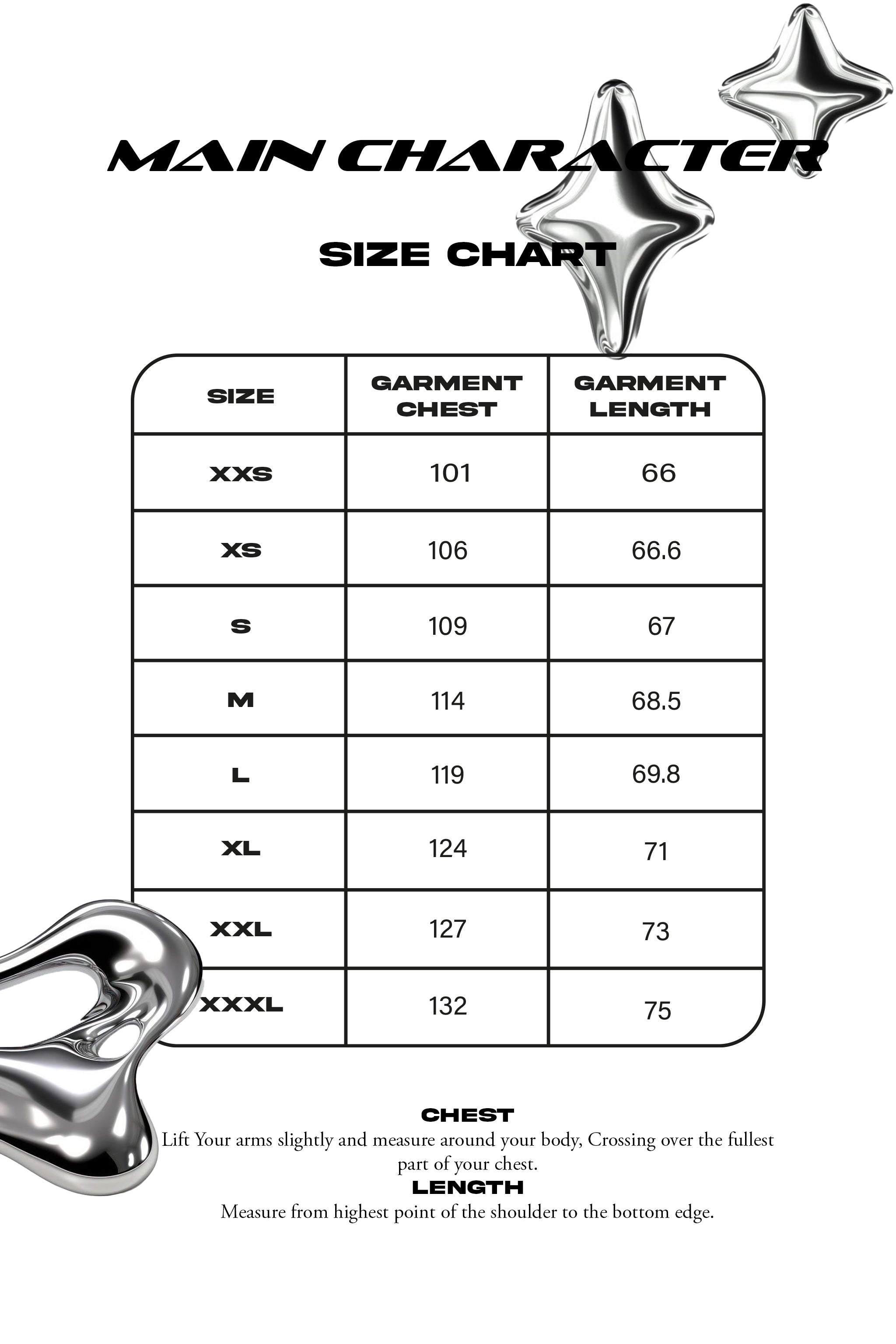 Size chart in centimeters