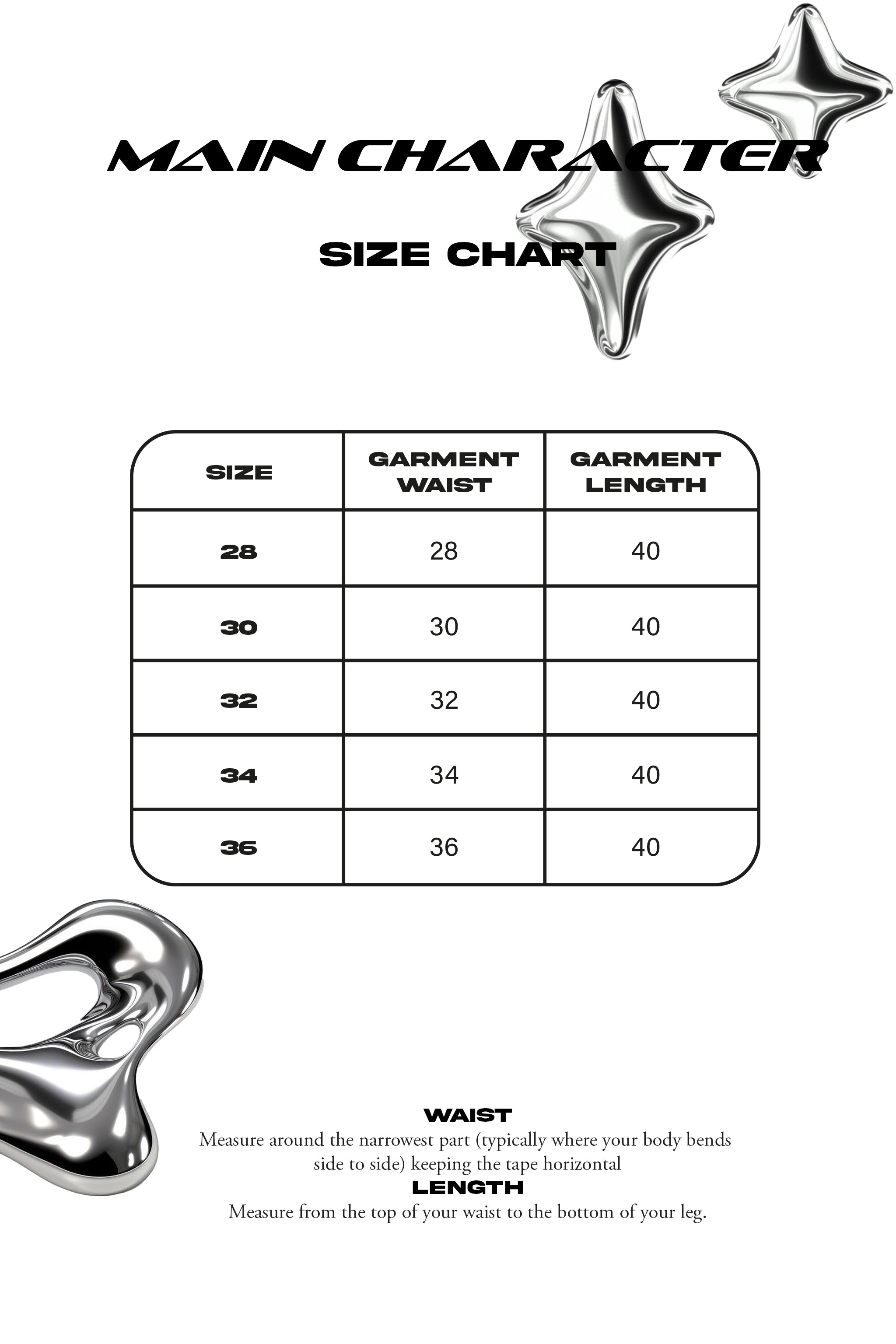 Size chart in centimeters