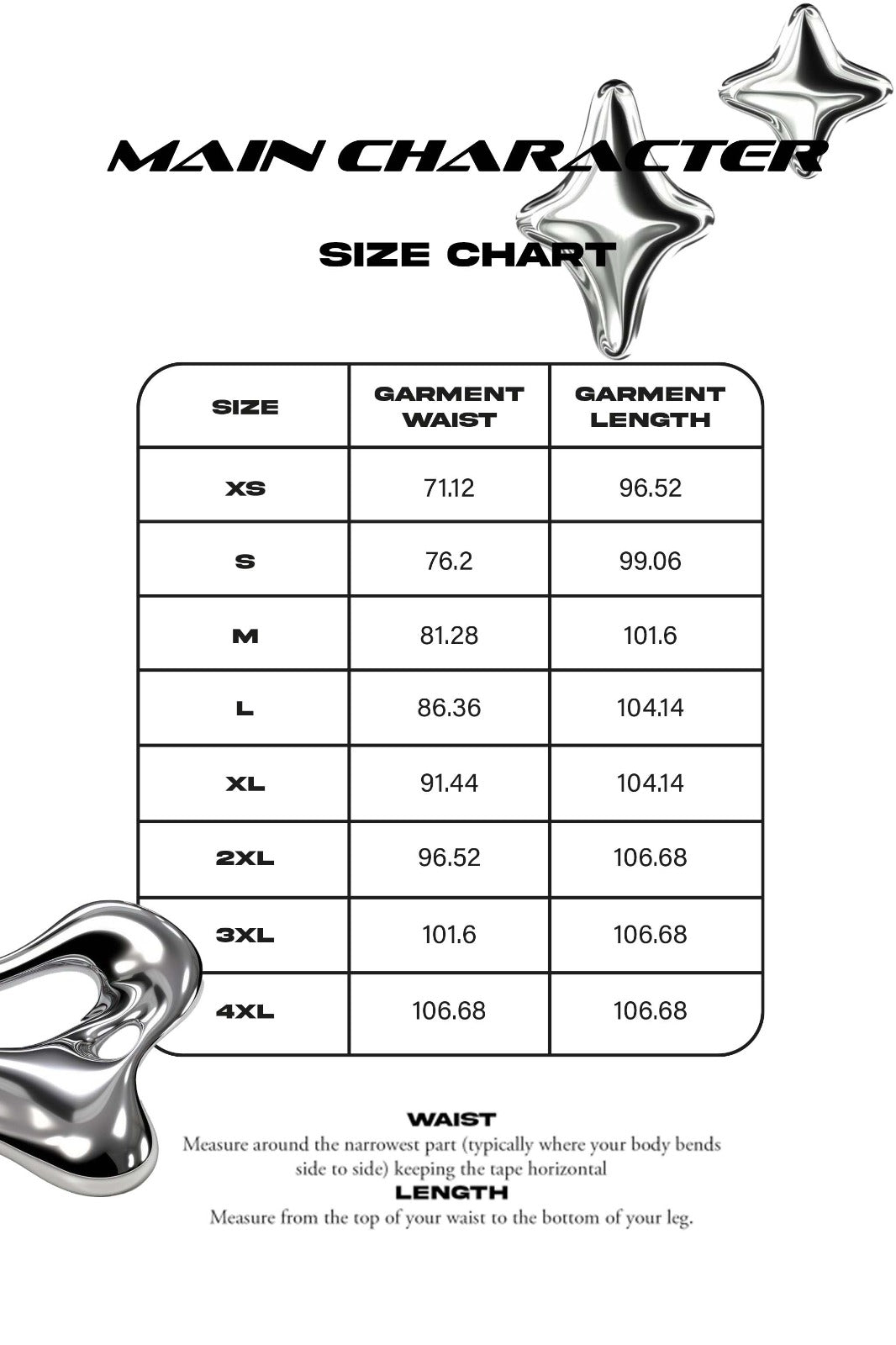 Size chart in centimeters