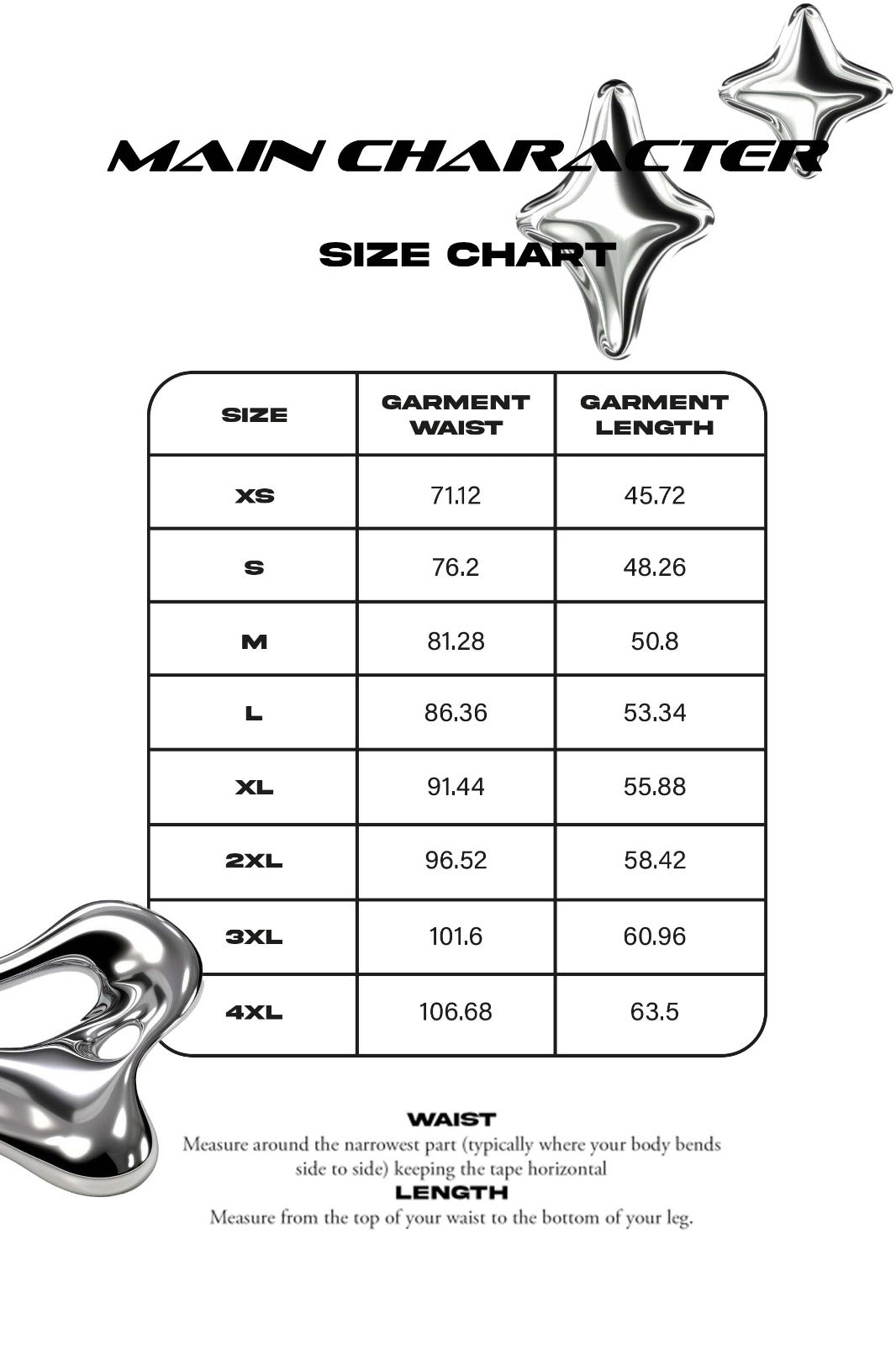 Size chart in centimeters