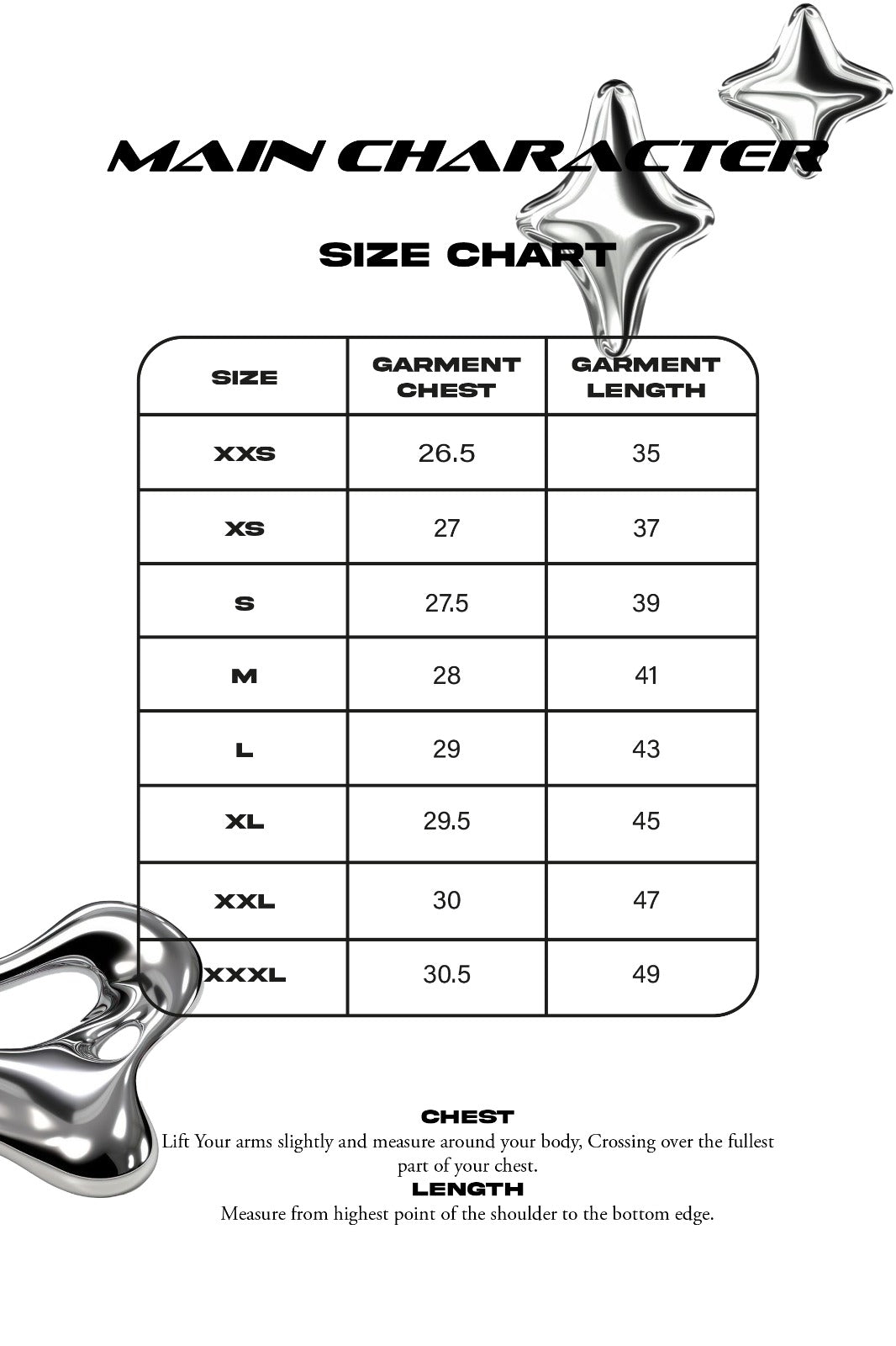 Size chart in inches