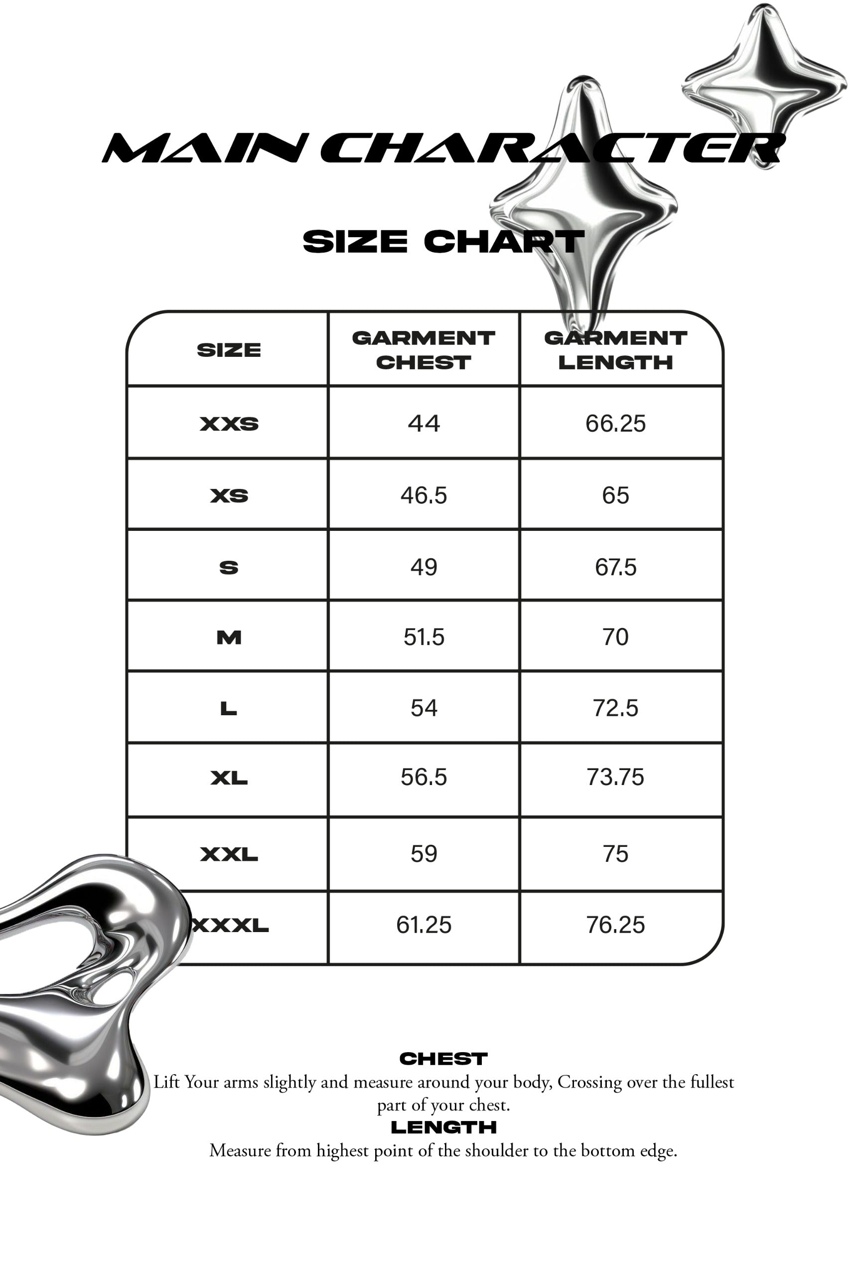 Size chart in centimeters