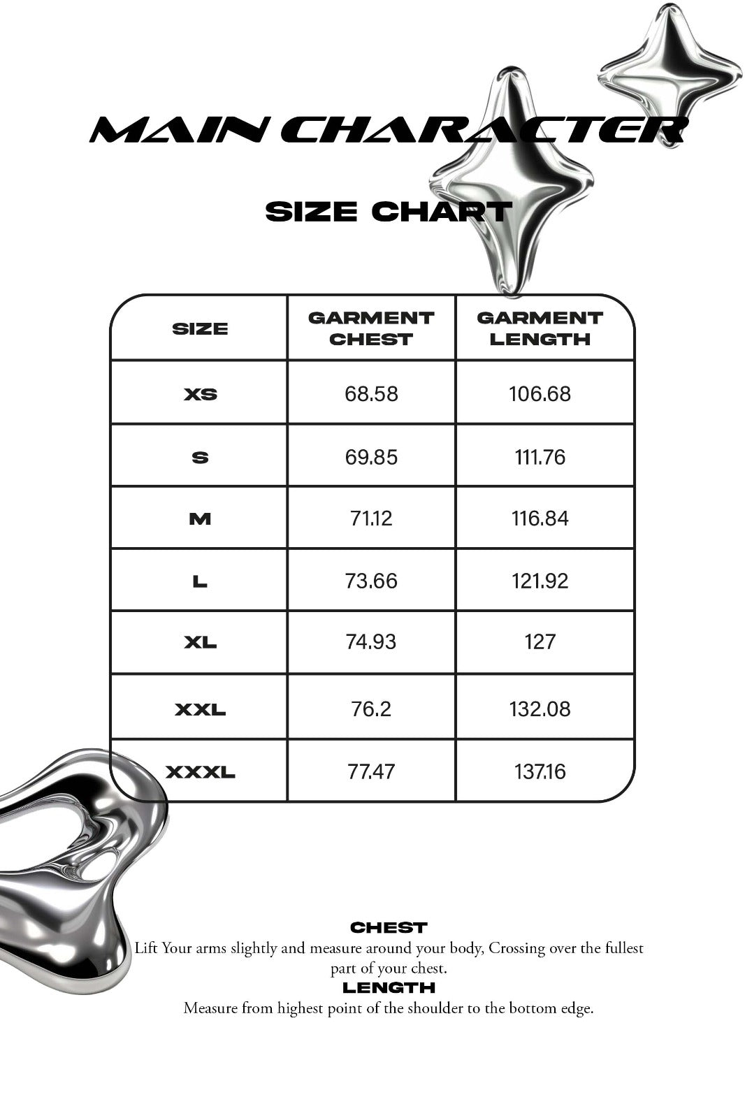Size chart in centimeters