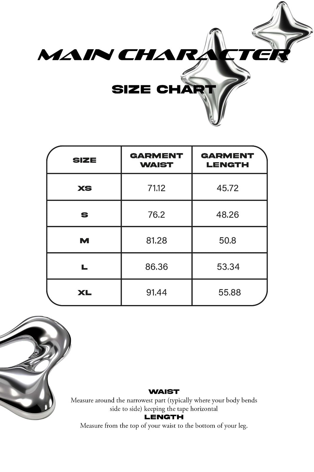 Size chart in centimeters