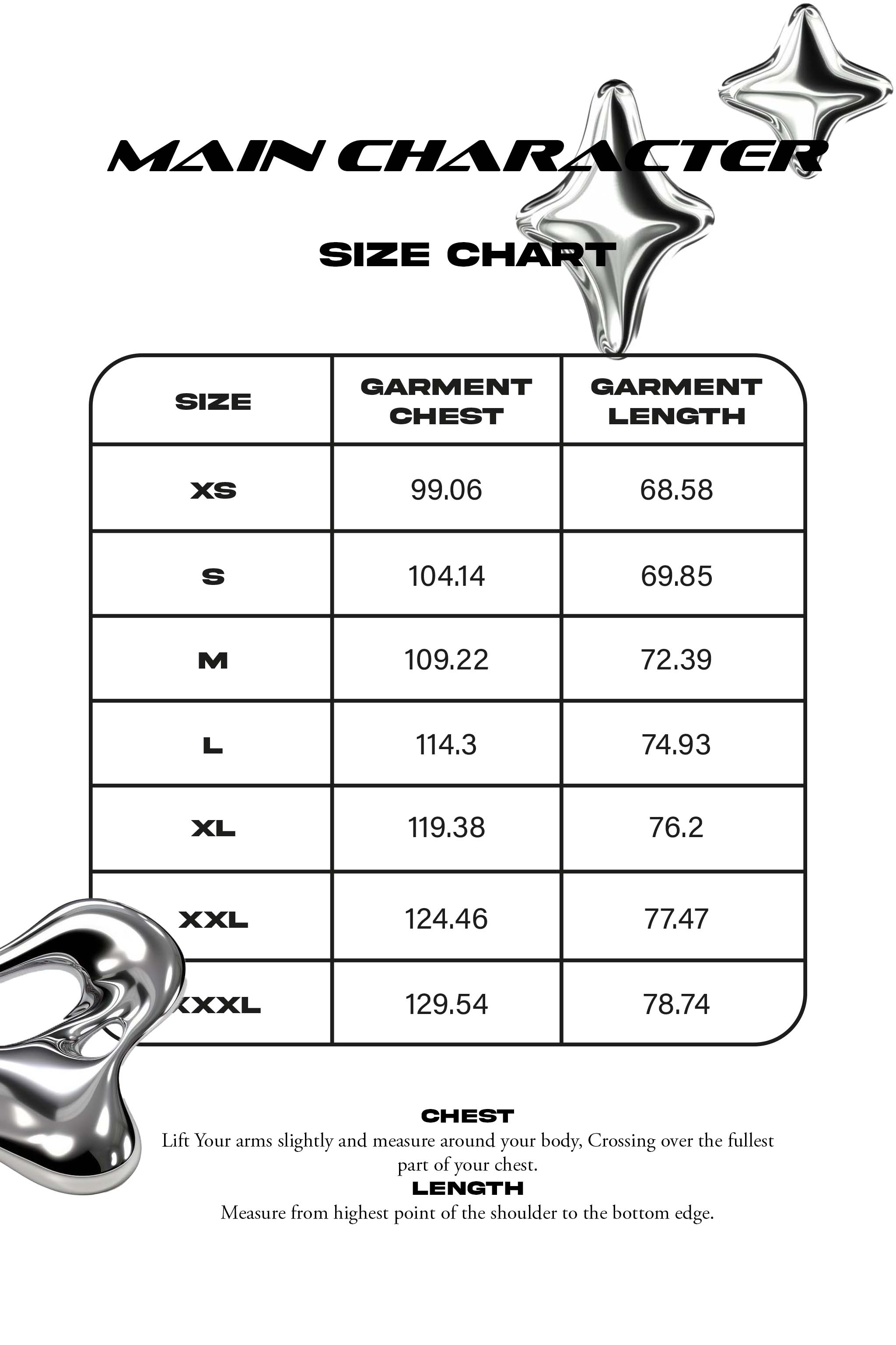 Size chart in centimeters