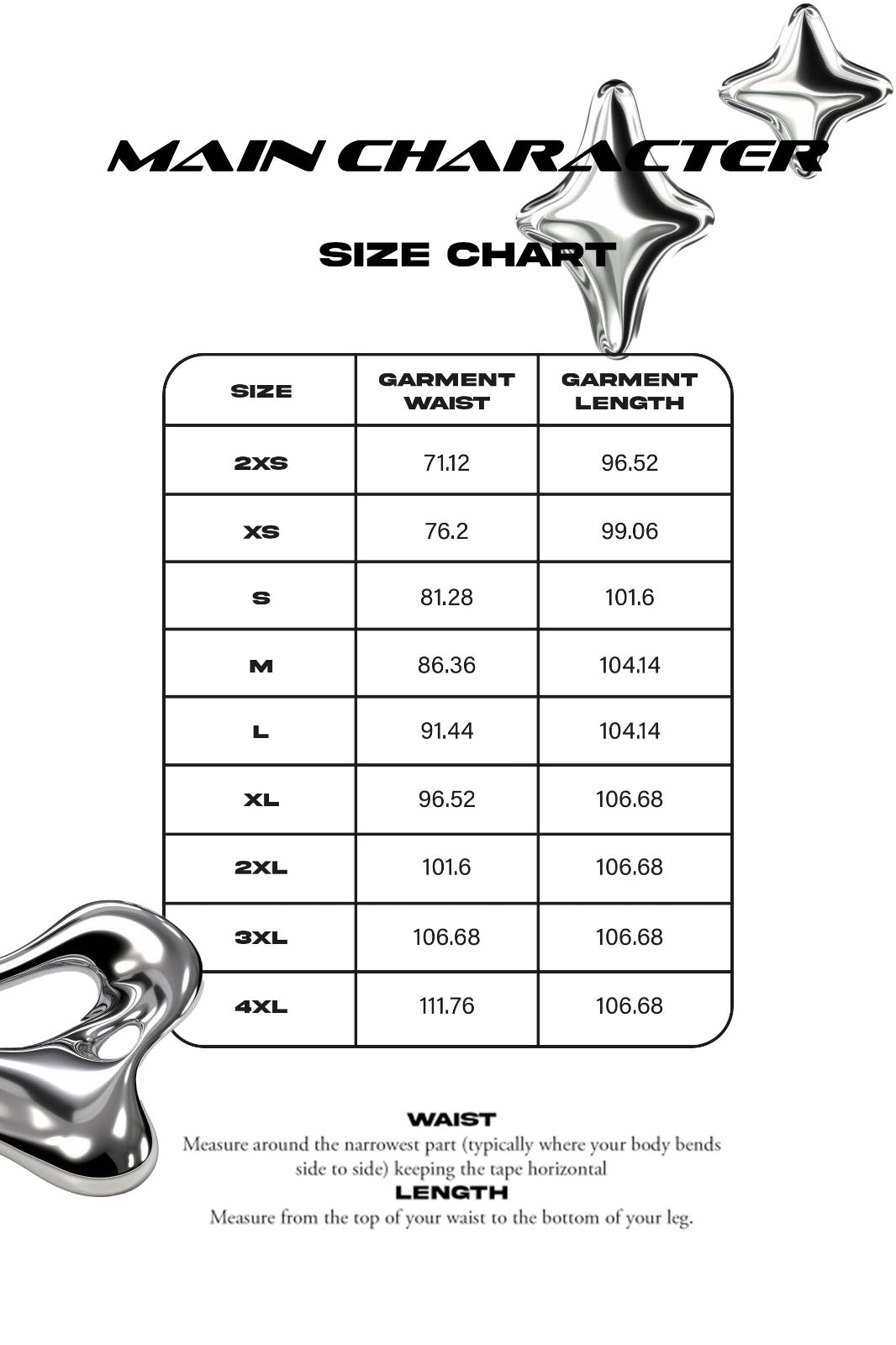 Size chart in centimeters