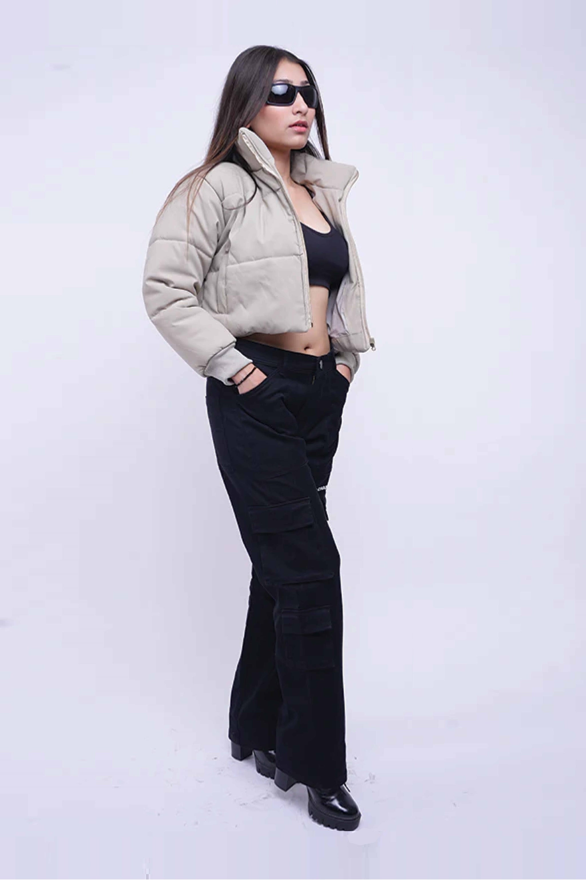 Heavy Padded Cream Cropped Puffer Jacket