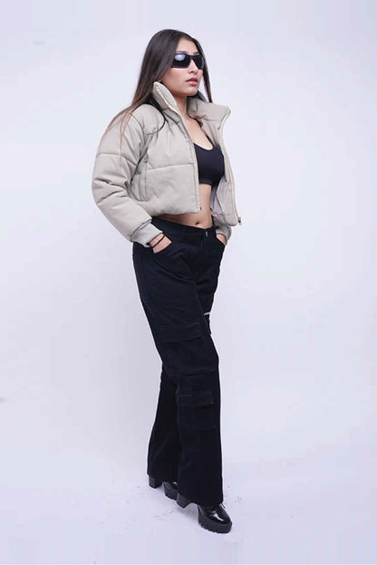 Heavy Padded Cream Cropped Puffer Jacket